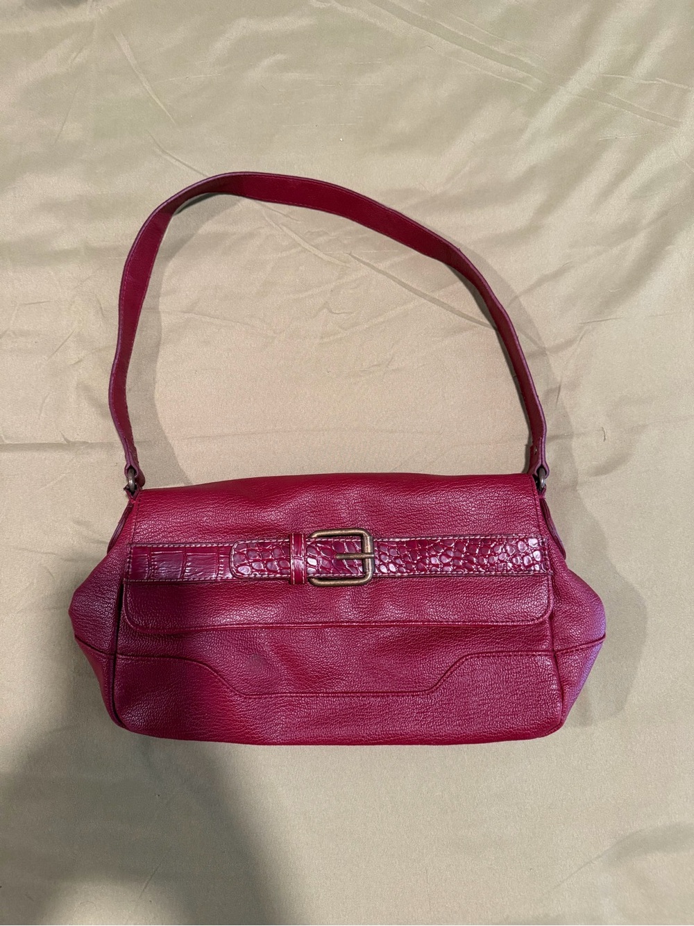 Women's Crimson Leather Shoulder Bag with Buckle Detail